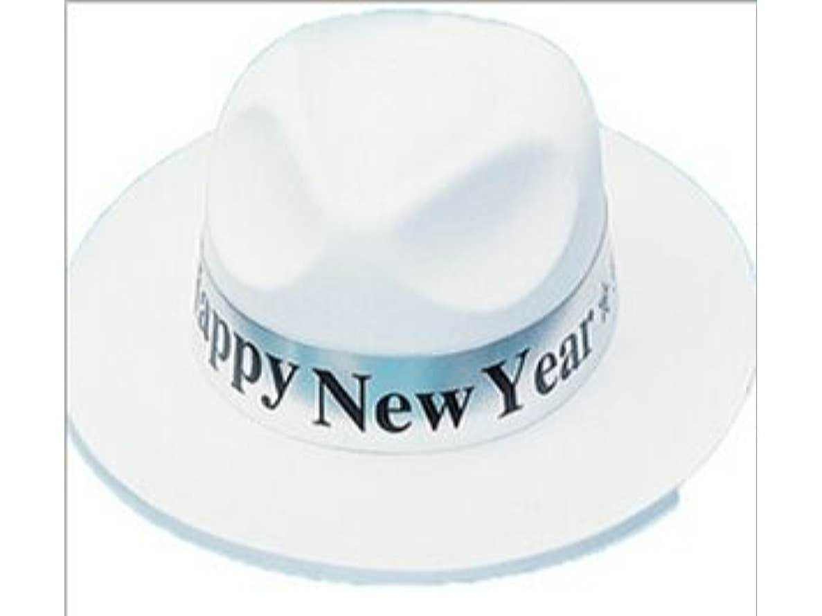White Velour Fedora With Happy New Year Band, 36/Pk