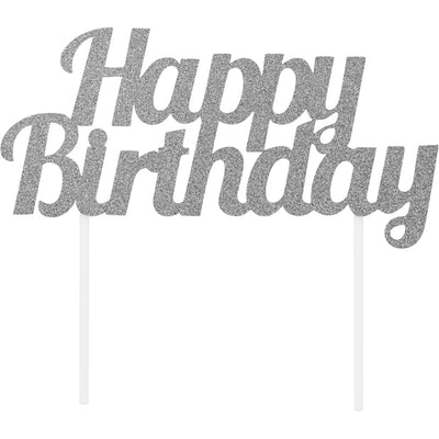 Cake Topper Silver Happy Birthday Glitter