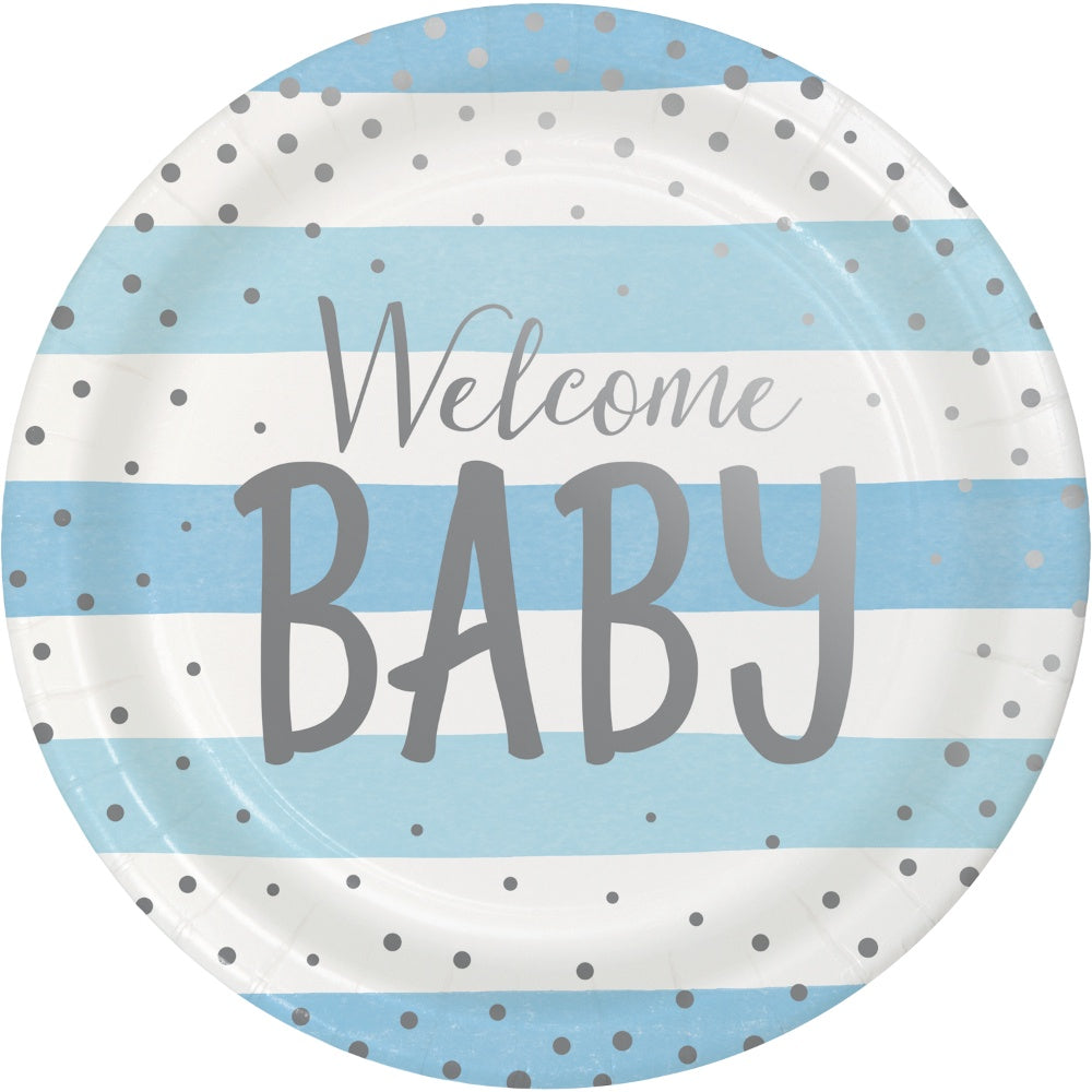 Blue Silver Celebration Dinner Plate, Foil, Welcome Baby 8Ct