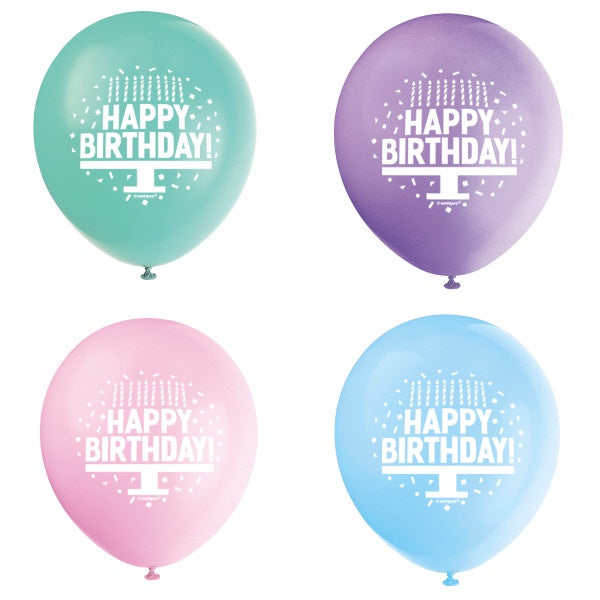 Pastel Birthday Cake 12" Latex Balloons, 8Ct