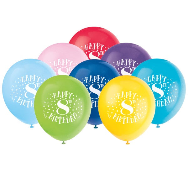 Fun Happy 8Th Birthday 12" Latex Balloons, 8Ct