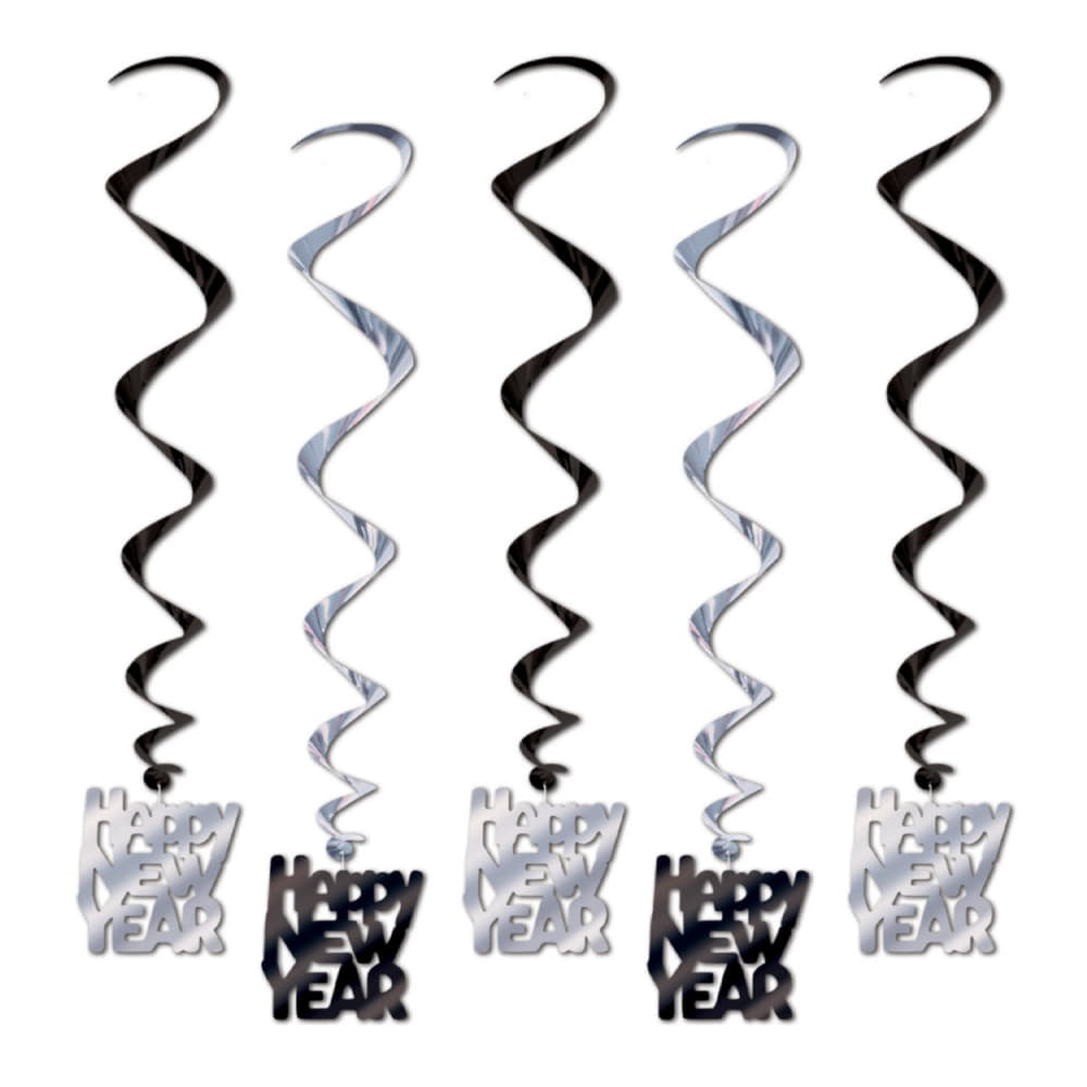 Happy New Year Whirls Black/Silver - 5Pcs
