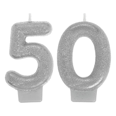 Sparkling 50th Silver Glitter  Candles
