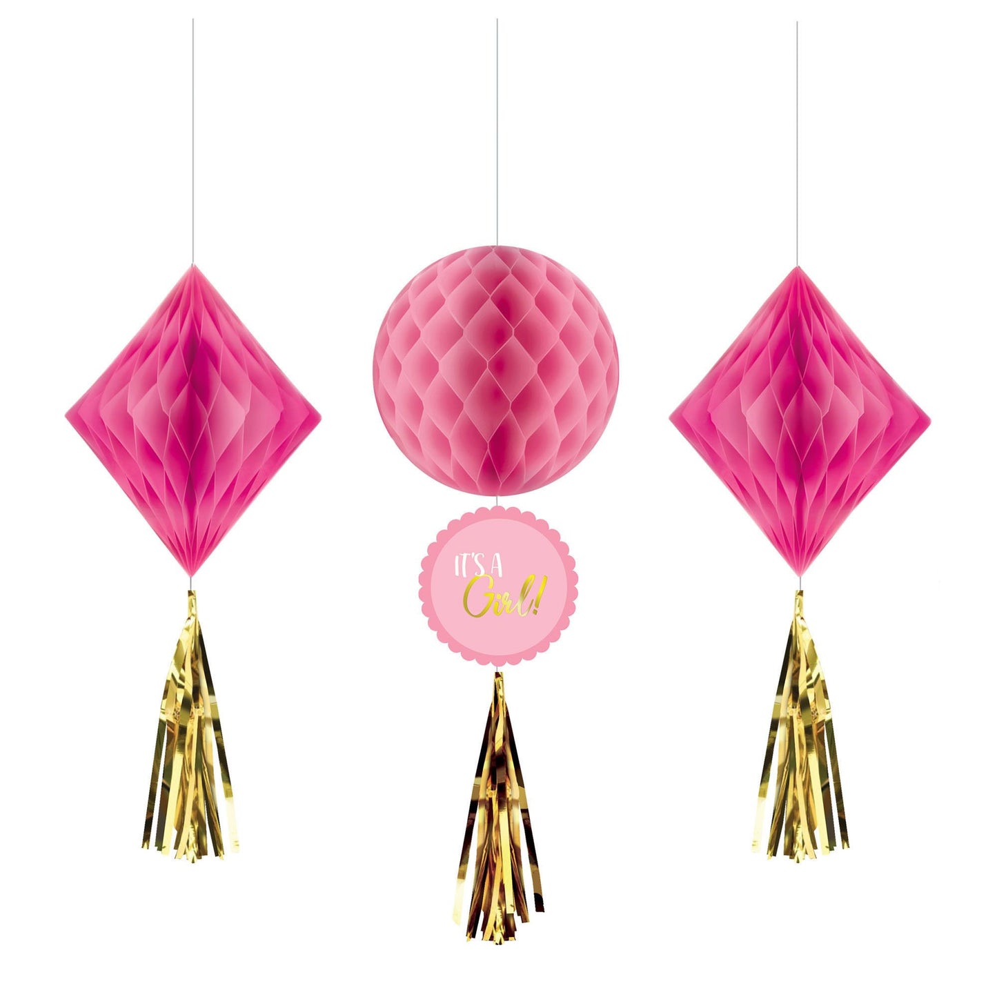 Its A Girl Honeycomb Decorations - 3Pk