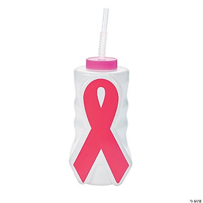 7" Plastic Pink Ribbon Water Bottle, 16 Oz