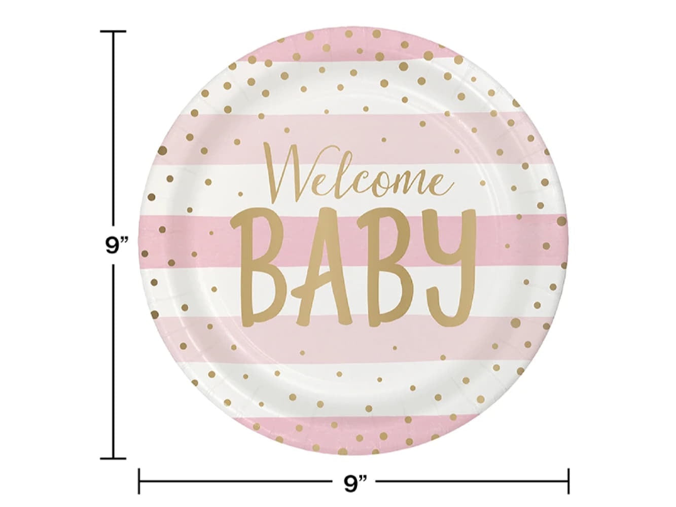 Pink Gold Celebration Dinner Plate, Foil, Welcome Baby 8Ct