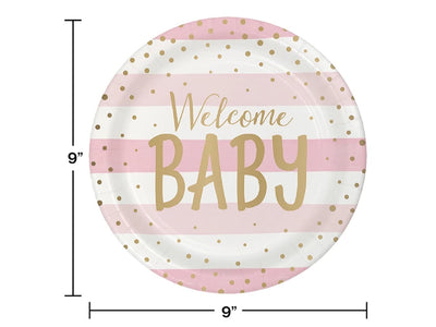 Pink Gold Celebration Dinner Plate, Foil, Welcome Baby 8Ct