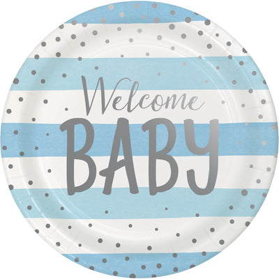 Blue Silver Celebration Dinner Plate, Foil, Welcome Baby 8Ct