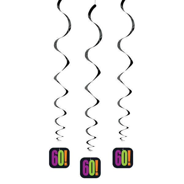 Birthday Cheer Age 60 Hanging Swirl Decorations, 26", 3Ct