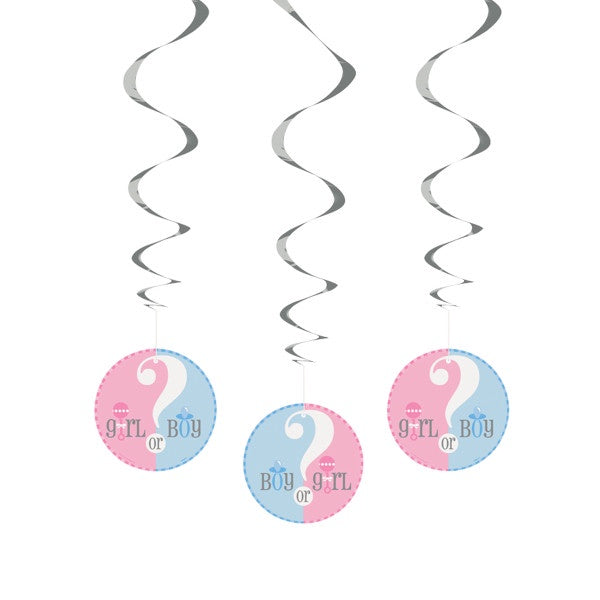 Gender Reveal Hanging Swirl Decorations, 26", 3Ct