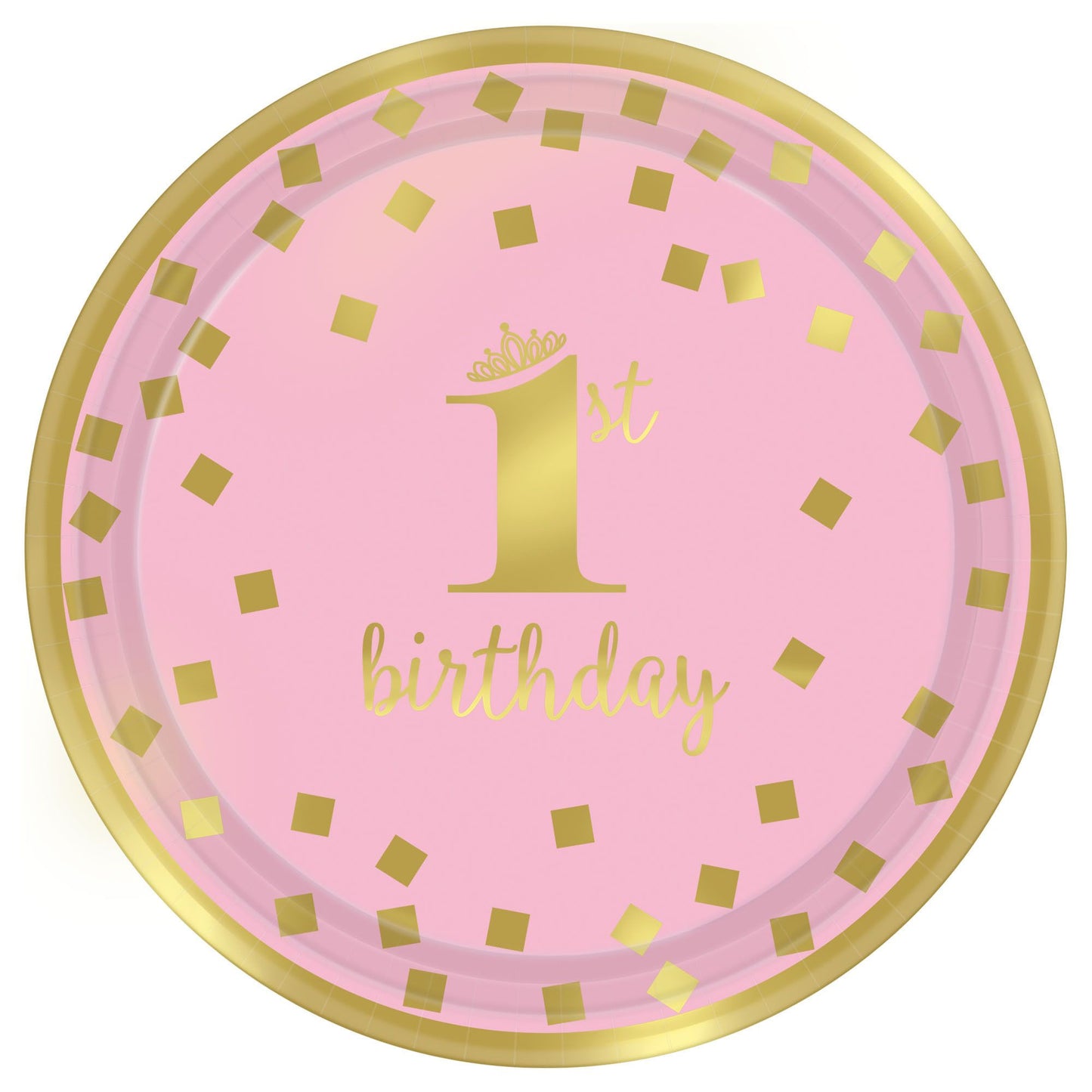 1st Birthday Girl Metallic Round Plates, 7"