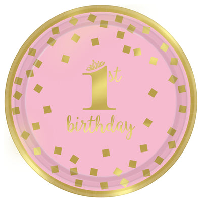 1st Birthday Girl Metallic Round Plates, 7"