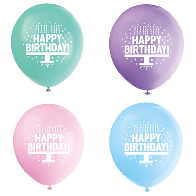 Pastel Birthday Cake 12" Latex Balloons, 8Ct