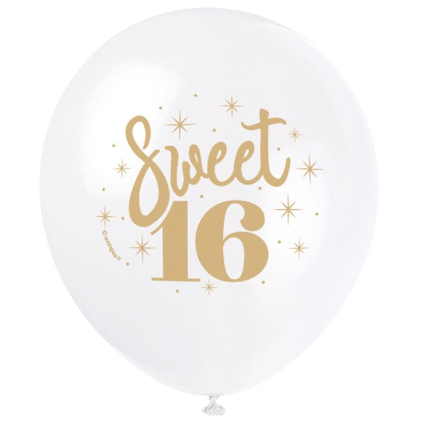 White Gold Sweet 16 12" Latex Balloons, 8Ct