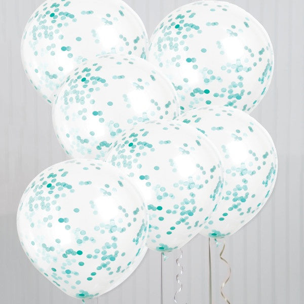Clear Latex Balloons With Caribbean Teal Confetti 12", 6Ct