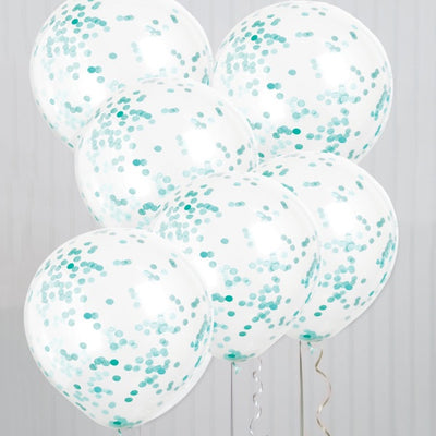 Clear Latex Balloons With Caribbean Teal Confetti 12", 6Ct