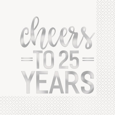 Silver Foil Cheers To 25 Years Luncheon Napkins, 16Ct - Foil Stamped