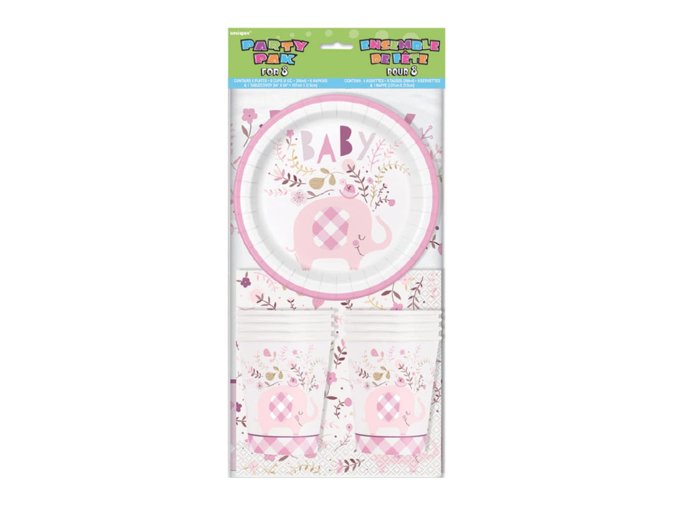 Floral Elephant Baby Shower Pink Party Pack For 8