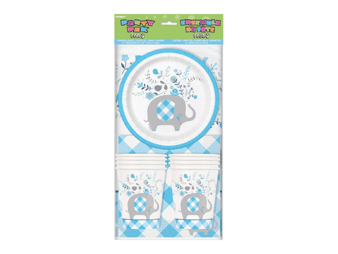 Floral Elephant Baby Shower Blue Party Pack For 8