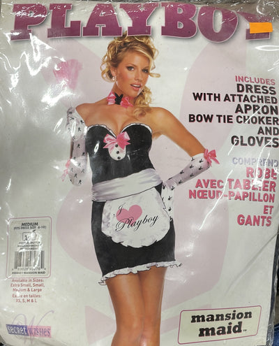 Playboy Mansion Maid Adult Costume Set – Dress with Attached Apron, Bow Tie Choker & Gloves